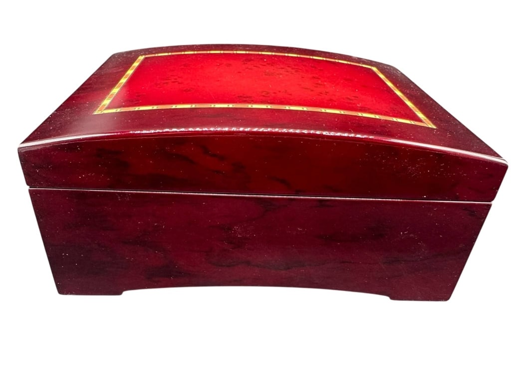 WOODEN JEWELRY ORGANIZER WITH GLASS TOP: Wooden jewelry box with a red lacquer finish and glass top. Contains eight ring slots and nine divided compartments for organizing jewelry. Shipping Available at www.DeJaVuAuctionShipping.com By biddi