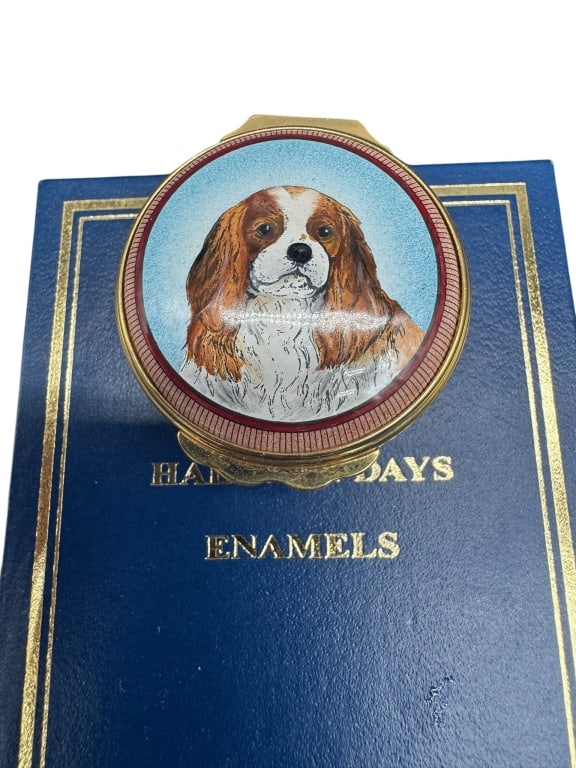 HALCYON DAYS ENAMEL DOG BOX: Halcyon Days enamel box featuring a hand-painted dog portrait on the lid. Includes original box. By bidding in this auction you agree that you have read The Terms and conditions of this auction. Shipp