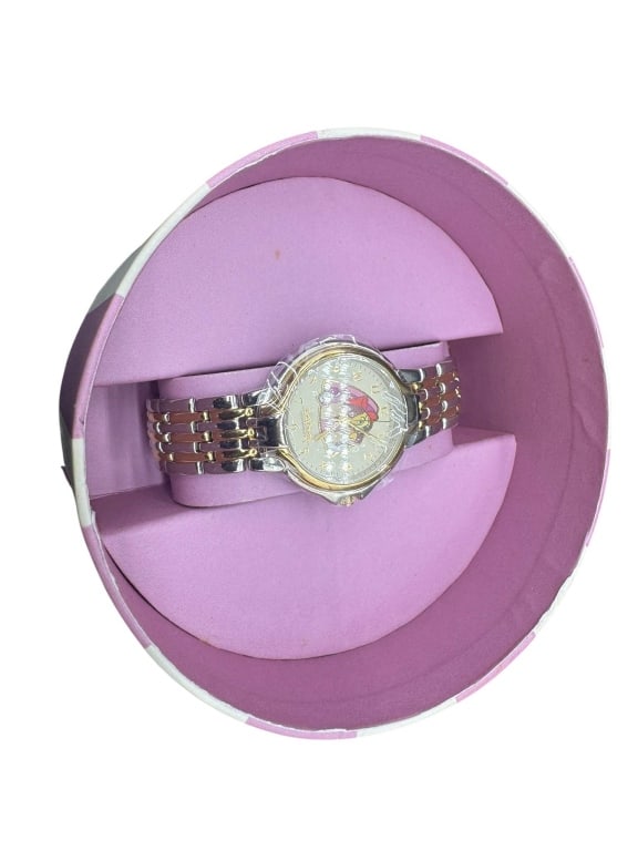 PRECIOUS MOMENTS COLLECTORS SOCIETY WATCH: Precious Moments Collectors Society watch with certificate of authenticity in original pink and white round gift box. Shipping Available at www.DeJaVuAuctionShipping.com By bidding in this auction you
