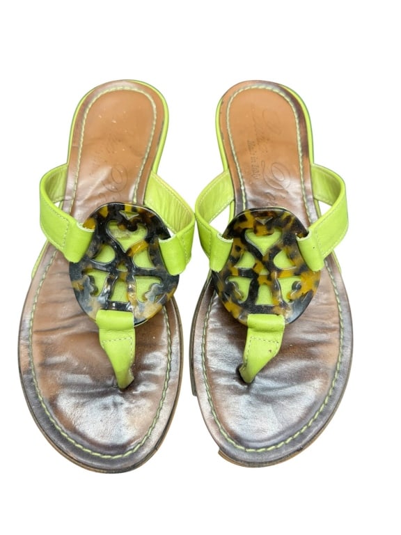 BETTIE PAGE ITALY LEATHER SANDALS GREEN: Bettie Page sandals made in Italy, featuring green leather straps and tortoiseshell-style accents. The sandals have a slip-on toe-post design. By bidding in this auction you agree that you have read t