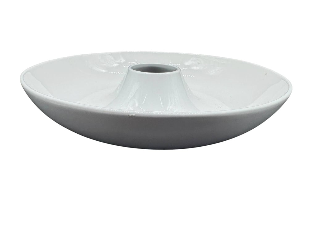ROOM COPENHAGEN AQUAVIT SIGNATURE BOWL: White glazed ceramic / faience centerpiece serving bowl by Room Copenhagen for the Aquavit Signature collection, marked ©2006. Features a wide shallow circular form with raised center opening, giving