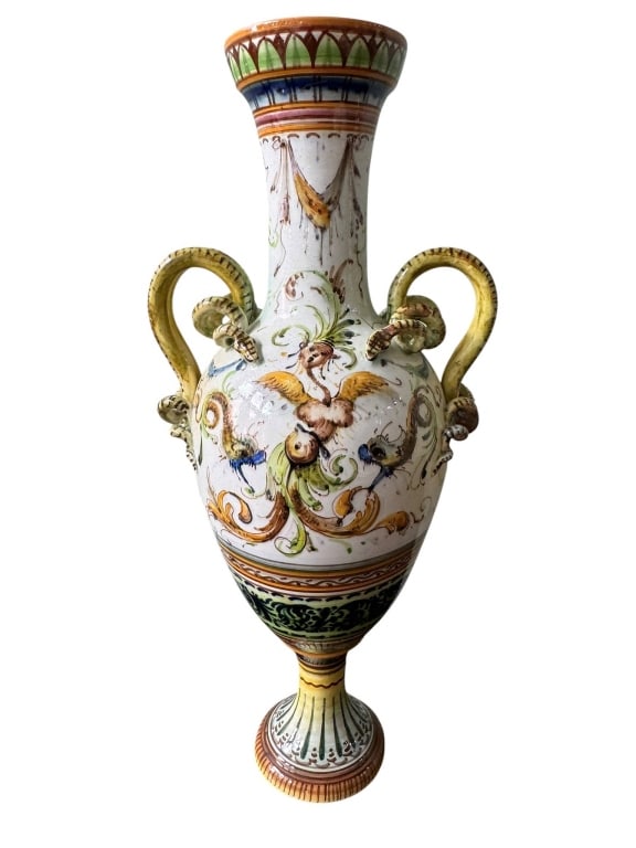 HAND-PAINTED ITALIAN MAIOLICA VASE SIGNED FRU: Tall hand-painted Italian maiolica vase, approximately 16 inches high. Features ornate twin handles, vivid Renaissance-style motifs, and is signed 'FRU' on the base. Decorative and collectible piece w