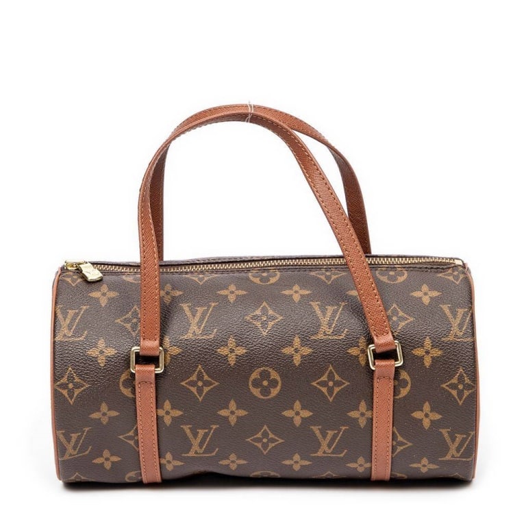 LOUIS VUITTON MONOGRAM PAPILLON 26 BAG: Louis Vuitton Papillon 26 shoulder bag crafted in monogram canvas with natural leather trim and dual handles. Features gold-tone hardware, zipper closure, and 'Louis Vuitton Paris made in France' stam