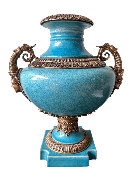 TURQUOISE CRACKLE GLAZE URN BRONZE MOUNTS 17.5" (1 of 7)