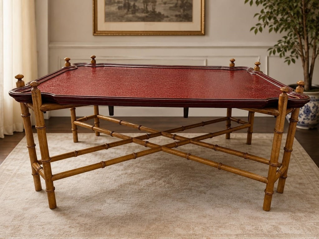 BAKER FURNITURE FAUX BAMBOO RED LACQUER COCKTAIL T (1 of 5)