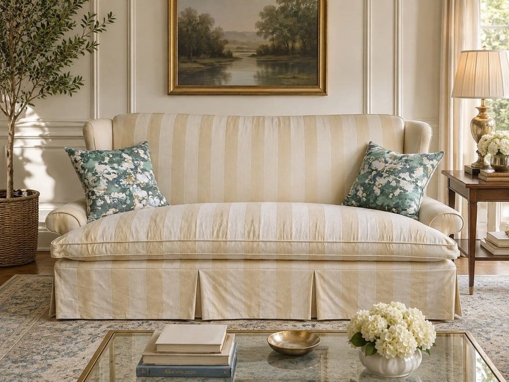 STRIPED SKIRTED SOFA WITH ROLLED ARMS 85" (1 of 8)