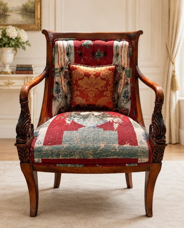 UPHOLSTERED CARVED WOOD ARMCHAIR 37": Elegant carved wood accent armchair featuring a warm polished wood frame with scrolled top rail, curved arms, carved foliate details, tapered legs, and richly patterned red, cream, and muted blue upho