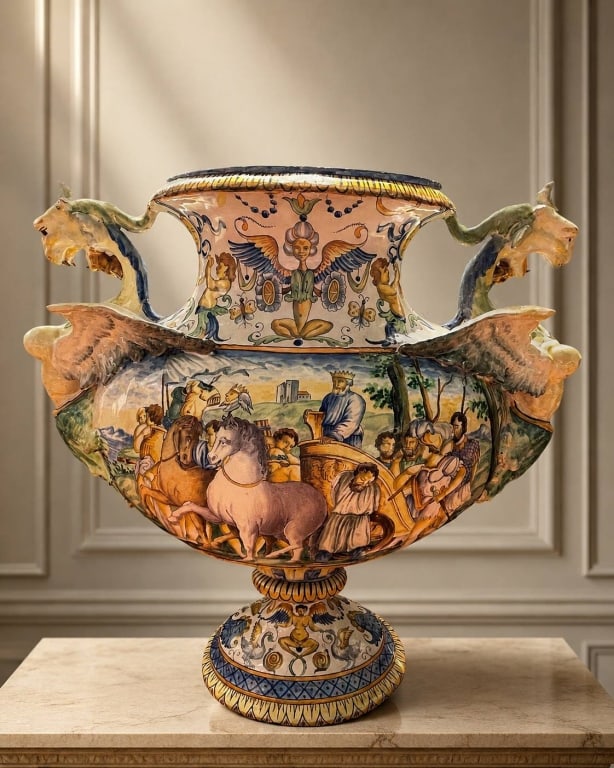 ITALIAN RENAISSANCE REVIVAL MAIOLICA URN 21": Decorative Italian Renaissance Revival style maiolica urn with elaborate hand-painted polychrome decoration, featuring a classical/biblical-style procession scene with horses, figures, and architectur