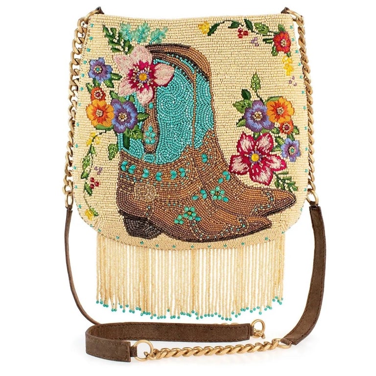 MARY FRANCES LINE DANCE BEADED CROSSBODY BAG: New Mary Frances Line Dance bag featuring beautifully beaded cowgirl boots with vibrant flowers, playful fringe, a non-removable crossbody leather and chain strap, magnet closure, inside pocket, back 