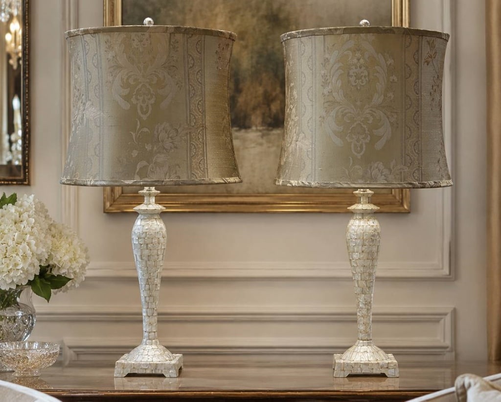 MOTHER OF PEARL LAMP WITH FABRIC SHADE 26" (1 of 14)