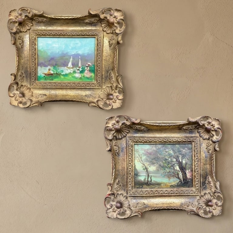 FRAMED OIL LANDSCAPE PAINTINGS 8": Framed oil paintings featuring landscape scenes, each in a floral-decorated gilt frame. Frames marked with Jeanmarie Gallery, Inc., New York. Each painting measures approximately 8 x 7 inches framed. 