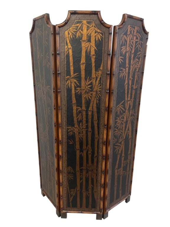 ASIAN STYLE BAMBOO ROOM DIVIDER 72": Three-panel folding room divider featuring bamboo frame and gold bamboo motif on black. Decorative piece with classic Asian-inspired design. Good overall condition. | | Measures approximately: 72" H x