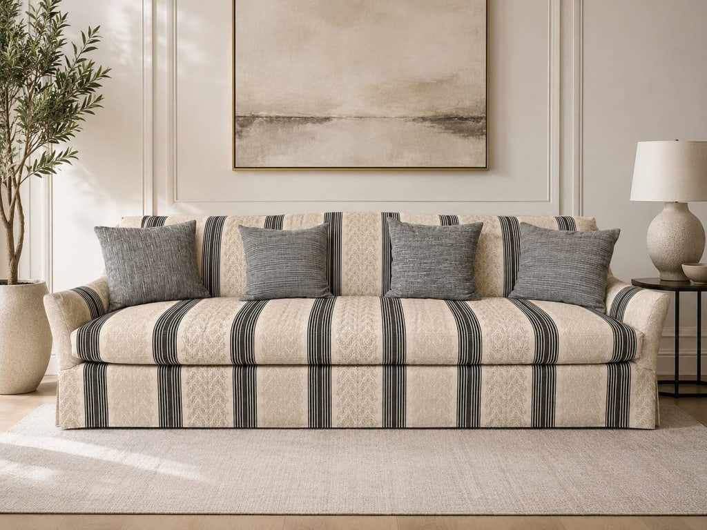 LEE INDUSTRIES SOFA WITH BLACK STRIPES 111": Lee Industries eco-friendly upholstered sofa, made in USA. Features black and cream striped fabric with subtle floral detailing and four gray accent pillows. | | Measures approximately 111" W x 38" D 