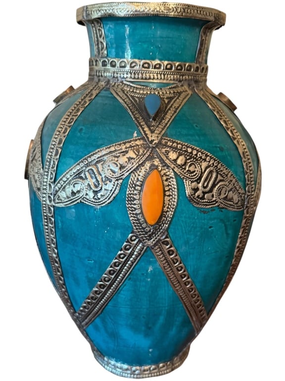 LARGE MOROCCAN CERAMIC METAL-TRIM VASE: Impressive Moroccan-style vase approximately 15 inches tall. Features vivid turquoise ceramic body, ornate silver-toned metal trim, and colorful accent stones. Unique handcrafted design. Minor chip on
