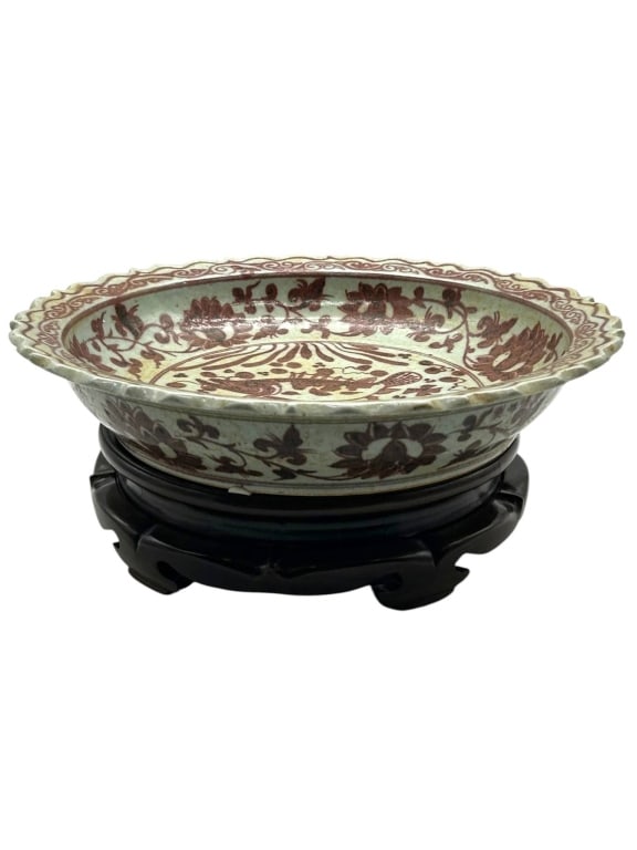 ASIAN CELADON STYLE FISH CERMIC BOWL ON STAND 16": Chinese ceramic bowl with scalloped rim, intricate brown fish and floral design, includes wooden display stand. The bowl has an approximate diameter of 16". Base approx. 12" in diameter. Traditional p