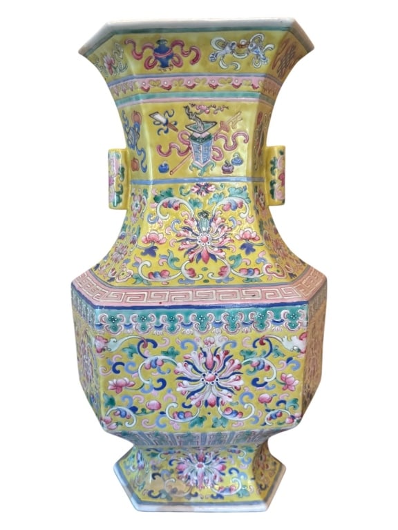 CHINESE FAMILLE ROSE HEXAGONAL VASE 16" (1 of 6)