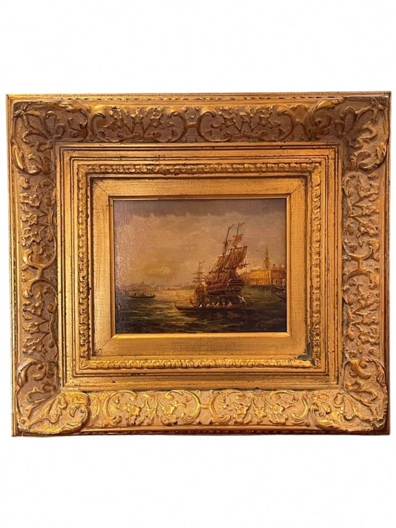 ANTIQUE MARITIME OIL PAINTING IN ORNATE FRAME 16" (1 of 5)