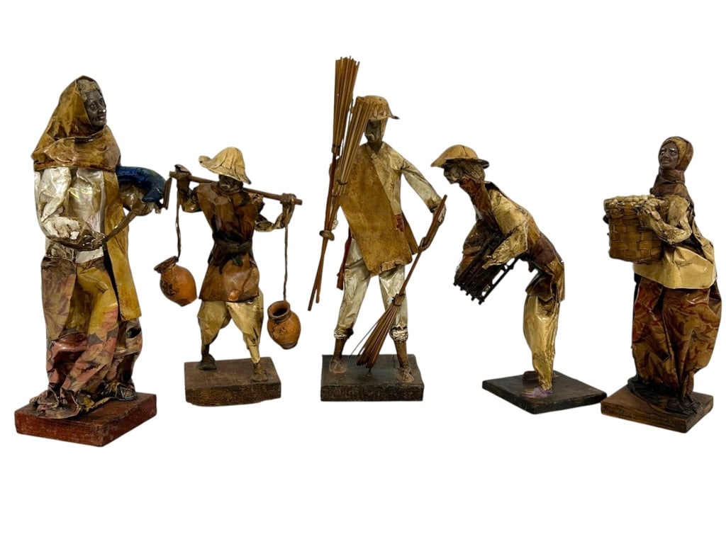 5 MEXICAN PAPER MACHE FIGURE GROUP JALISCO SET: Five vintage Mexican paper mache figures handmade in Jalisco, Mexico. Each figure features detailed painted faces and traditional attire, depicting occupational and rural scenes. Figures between appro
