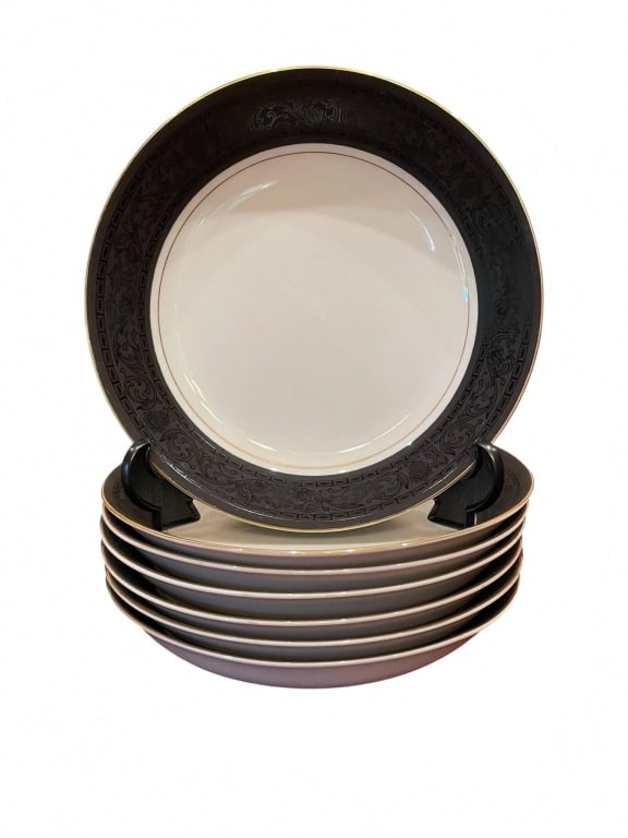 SIX KIM GERMANY PORCELAIN DINNER PLATES 7": Six KPM dinner plates, made in Germany. Each plate measures approximately 7 inches in diameter, featuring a dark ornate border and gilt rim. Elegant porcelain ideal for formal dining or collectors. Ma