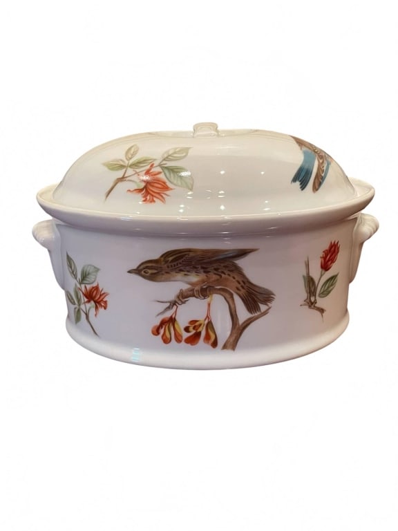 LOUISOUX LE FAUNE FRENCH PORCELAIN CASSEROLE 9": Fire proof porcelain casserole by Louisoux, model 'Le Faune.' Made in France. Features detailed bird and floral motif, handles, and matching lid. Measures approximately 9 inches diameter. Excellent co