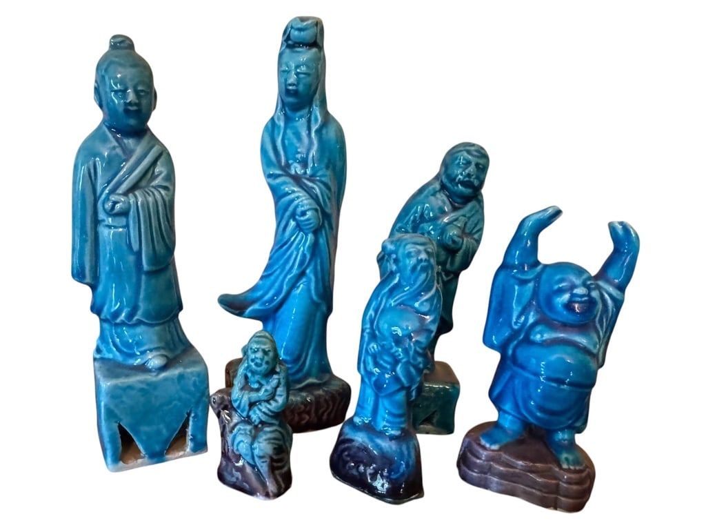 SIX TURQUOISE GLAZED CERAMIC FIGURINES (1 of 3)