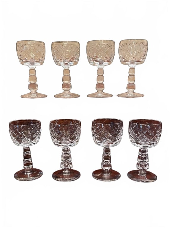8 CUT CRYSTAL WINE GLASSES 4": 8 cut crystal wine glasses, each with a faceted stem and diamond-pattern bowl. Glasses measure approximately 4 inches tall. Excellent clarity and sparkle, perfect for elegant entertaining or display. 