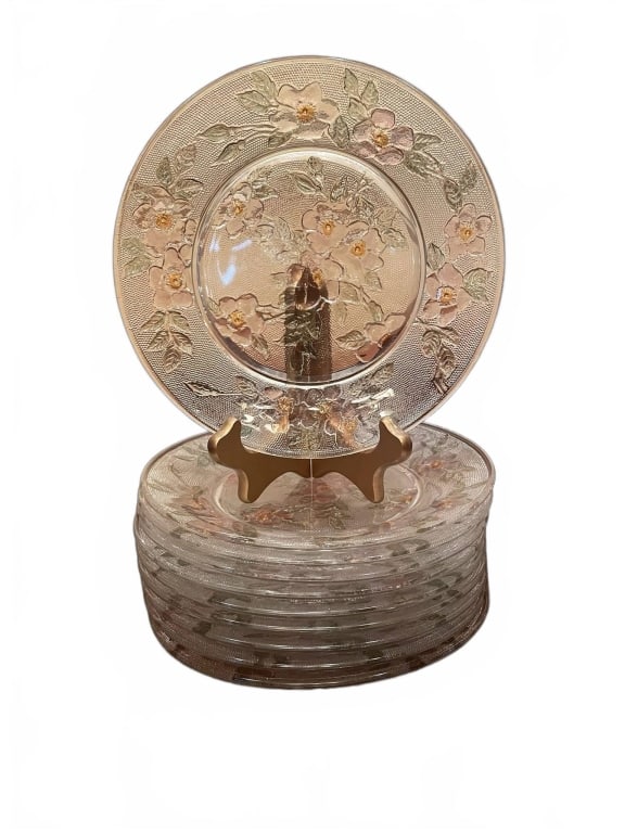 10 FLORAL GLASS PLATES 8": 10 clear glass dessert plates featuring a raised floral pattern with hand-painted pink and yellow flowers and green leaves. Plates measure approximately 8 inches in diameter. Good condition, ideal for