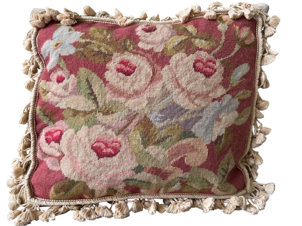 VINTAGE FLORAL NEEDLEPOINT PILLOW WITH TRIM (1 of 4)
