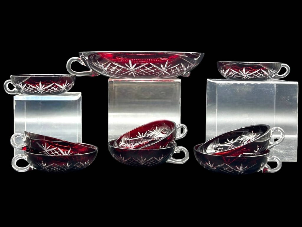 9 PCS BOHEMIAN RUBY RED CUT TO CLEAR GLASS SET (1 of 7)