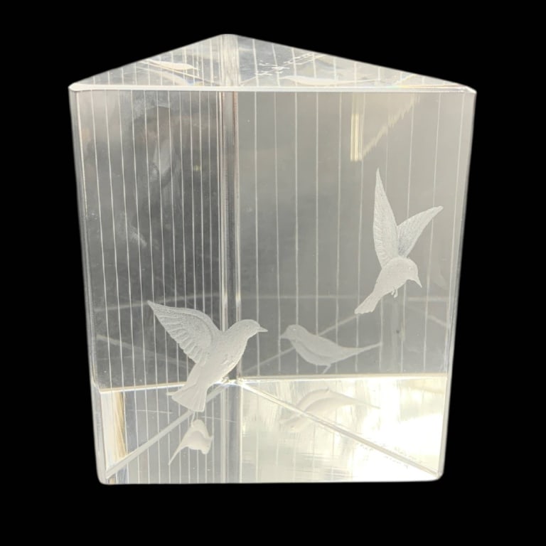 VINTAGE KOSTA BODA CRYSTAL ART GLASS PRISM 4": Kosta Boda prism-shaped art glass sculpture featuring etched birds in flight. Measures approx. 4 inches tall. Signed and numbered 92715. Remarkable craftsmanship and clarity, adding elegance to any di