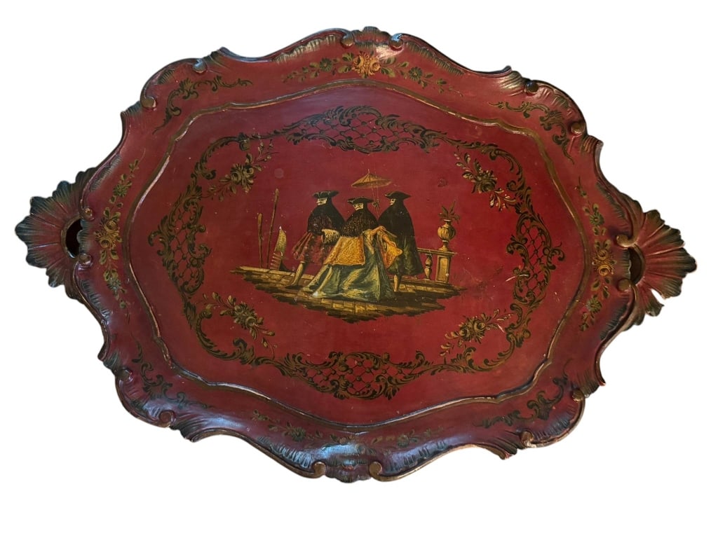 ANTIQUE RED TOLE PAINTED SERVING TRAY (1 of 3)