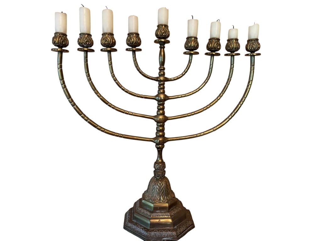 LARGE BRASS MENORAH WITH CANDLE HOLDERS: This impressive brass menorah stands approximately 18 inches tall and 18 inches wide. Features nine branches for candles, ornate detailing, and a sturdy base. Ideal as a display piece or for tradition