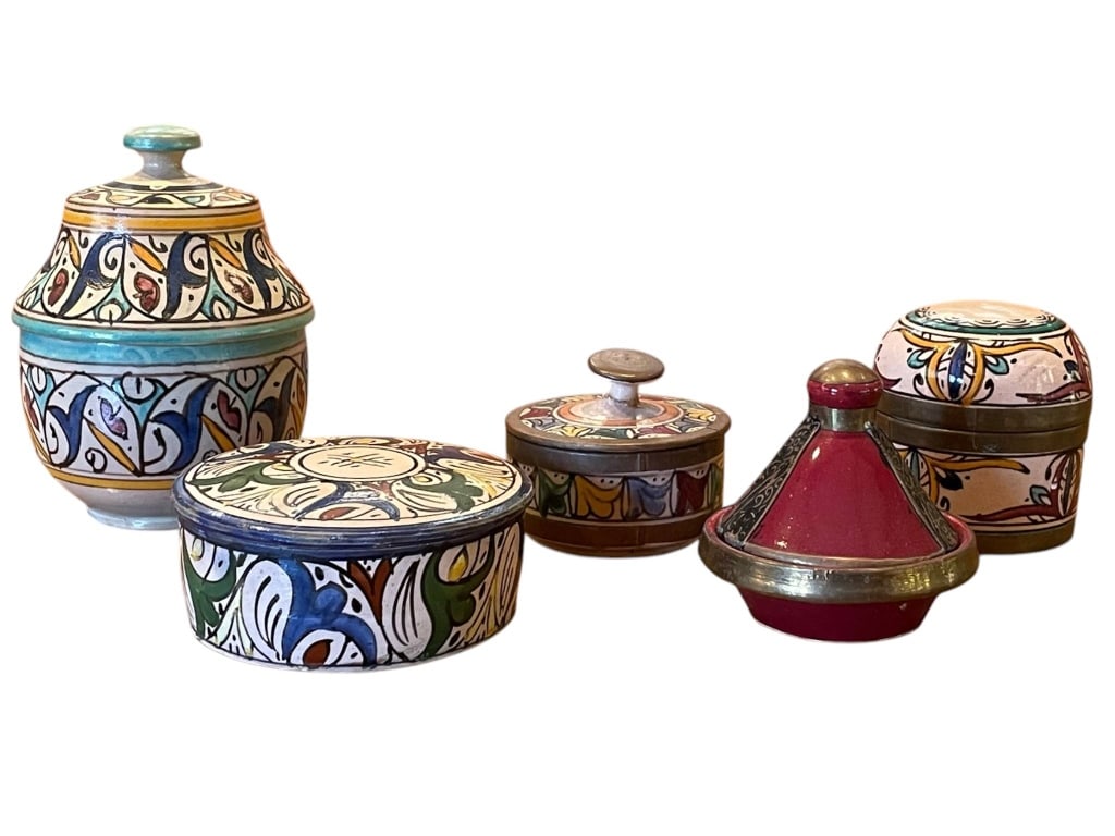 5 MOROCCAN HAND PAINTED LIDDED JARS 3-5": 5 Moroccan hand painted ceramic jars with lids, featuring traditional colorful geometric and floral motifs. Includes round, oval, and tagine-style forms. See photos for all measurement and condition d