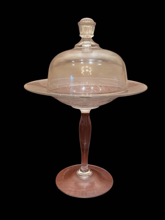 PINK DEPRESSION GLASS CAKE STAND WITH DOME 11" (1 of 5)