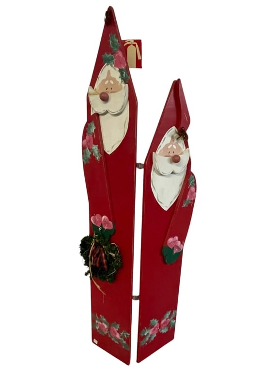 HAND PAINTED WOODEN CHRISTMAS FOLDING SCREEN 70": Hand painted wooden boards featuring Santa Claus faces and floral designs in red, white, and green. Wood construction. Depicts festive holiday theme suitable for decoration. | | Measures approximately