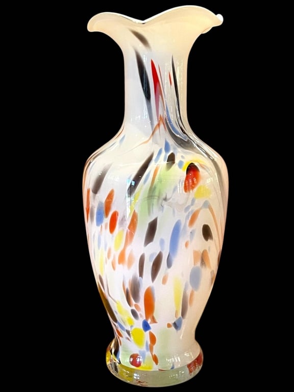 LARGE HAND-BLOWN MULTICOLOR ART GLASS VASE 13": Vase stands approximately 13 inches tall with a 4 inch diameter base and 5 inch diameter at its widest. Features vivid multicolored spots on an opaque white background. Elegant flared rim and handcraf