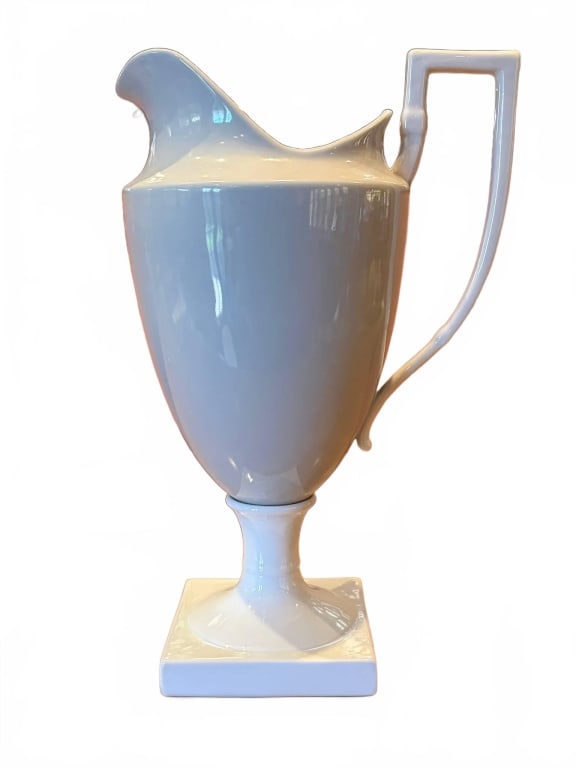 GLOBAL VIEWS WHITE CHINA MODERN PITCHER 15": Contemporary Global Views white china pitcher with angular handle. Measures approximately 15 inches tall and 7 inches wide. Square base is around 5 inches. Elegant, minimalist design, ideal as a vase 