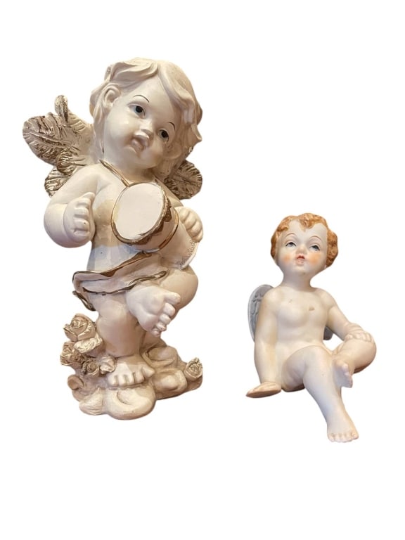 VINTAGE ANGEL AND CHERUB CERAMIC ANGEL FIGURINES 5: Two ceramic angel figurines. The standing angel holds a drum and measures approximately 5.5 inches tall. Both feature detailed wings and expressive faces. Ideal for collectors or decor.