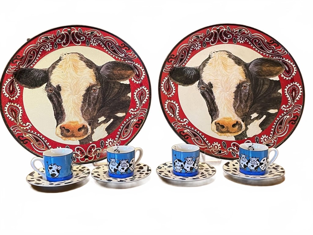 COW THEMED PLATE AND CUP SET 13": 2 large plates with cow portraits, measuring approximately 13 inches in diameter, and 4 matching cups with saucers decorated with cow motifs. A whimsical set, perfect for collectors or themed decor.