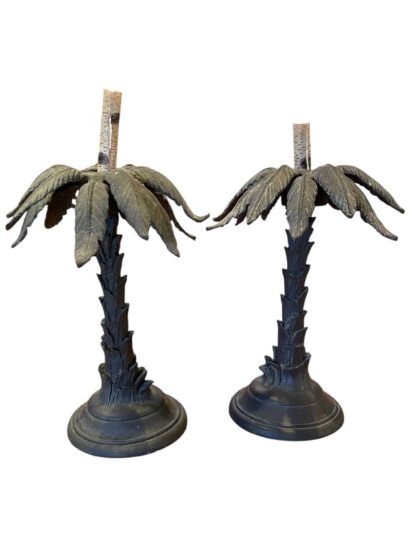 PALM TREE METAL CANDLE HOLDERS 15": Two metal candle holders designed as stylized palm trees. Features decorative detailing and a dark finish. Great accent decor for tabletops or shelves. See photos for all condition and measurement det