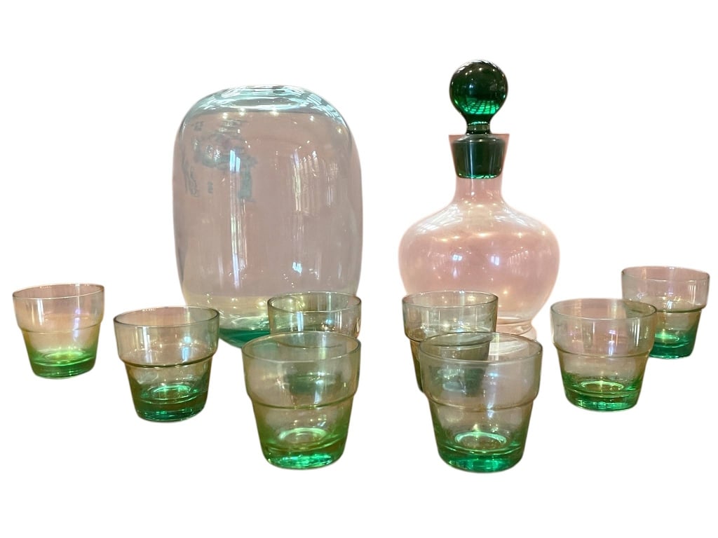 10 PCS VINTAGE HAND BLOWN GREEN GLASS BAR SET (1 of 6)