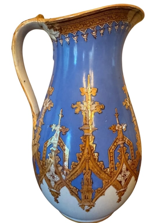 LARGE ANTIQUE GILT AND GLAZED PORCELAIN PITCH (1 of 9)