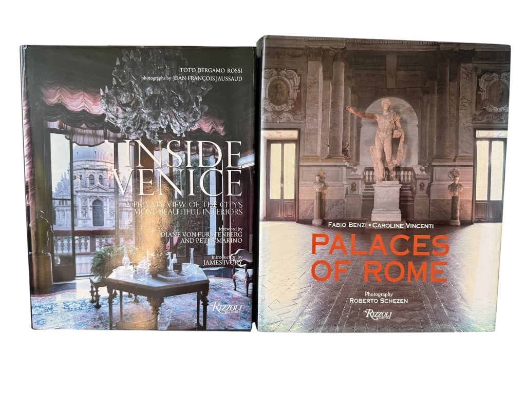 TWO RIZZOLI ART BOOKS: VENICE & ROME: Hardcover art books published by Rizzoli: 'Inside Venice: A Private View of the City's Most Elegant Interiors' and 'Palaces of Rome.' Both volumes feature lavish photography and detailed exploration o