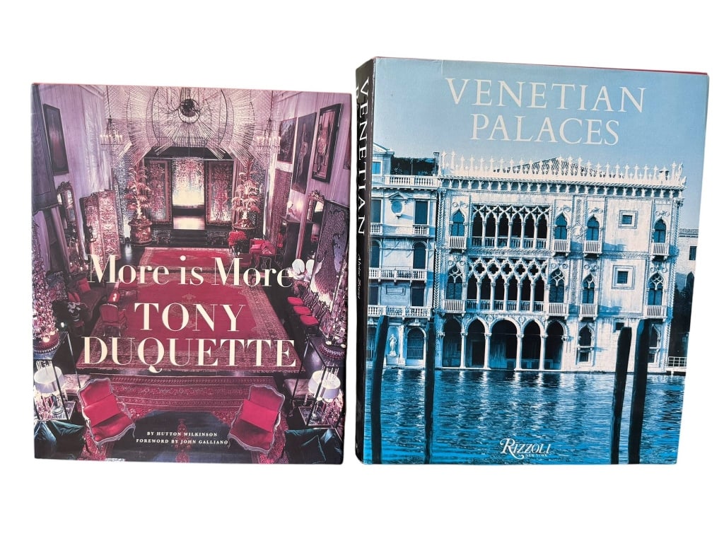 MORE IS MORE & VENETIAN PALACES BOOKS: Hardcover books, 'More is More: Tony Duquette' and 'Venetian Palaces.' Both feature richly illustrated content on luxury interior and architectural design, ideal for collectors or design enthusiasts.