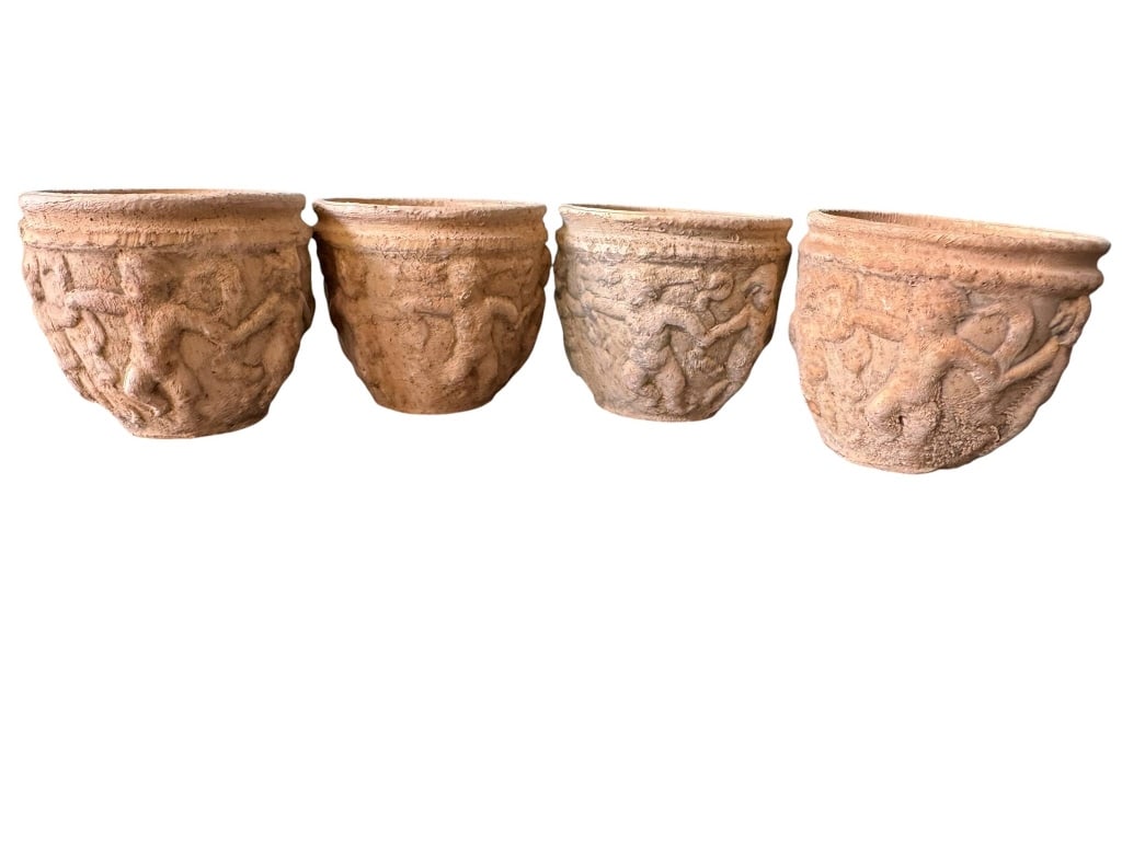 4 VINTAGE EMBOSSED TERRACOTTA POTS (1 of 3)