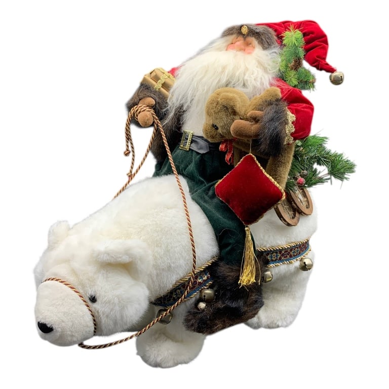 VINTAGE PLUSH SANTA RIDING POLAR BEAR CHRISTMAS DE: Festive plush decoration featuring Santa Claus in a red hat, riding a white polar bear. Accented with faux fur, bells, a miniature tree, and holiday gifts. Approximately 20 inches tall. Ideal for holi