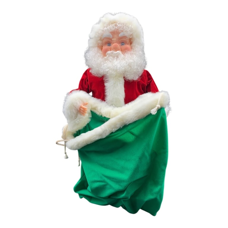 VINTAGE ANIMATED SANTA BEAR SACK CHRISTMAS DECOR 2: This Vintage animated collectible features a Santa Claus holding a green sack, originally sold for $59.99. The decor is electrically powered and comes in its original box. A festive holiday piece, ide