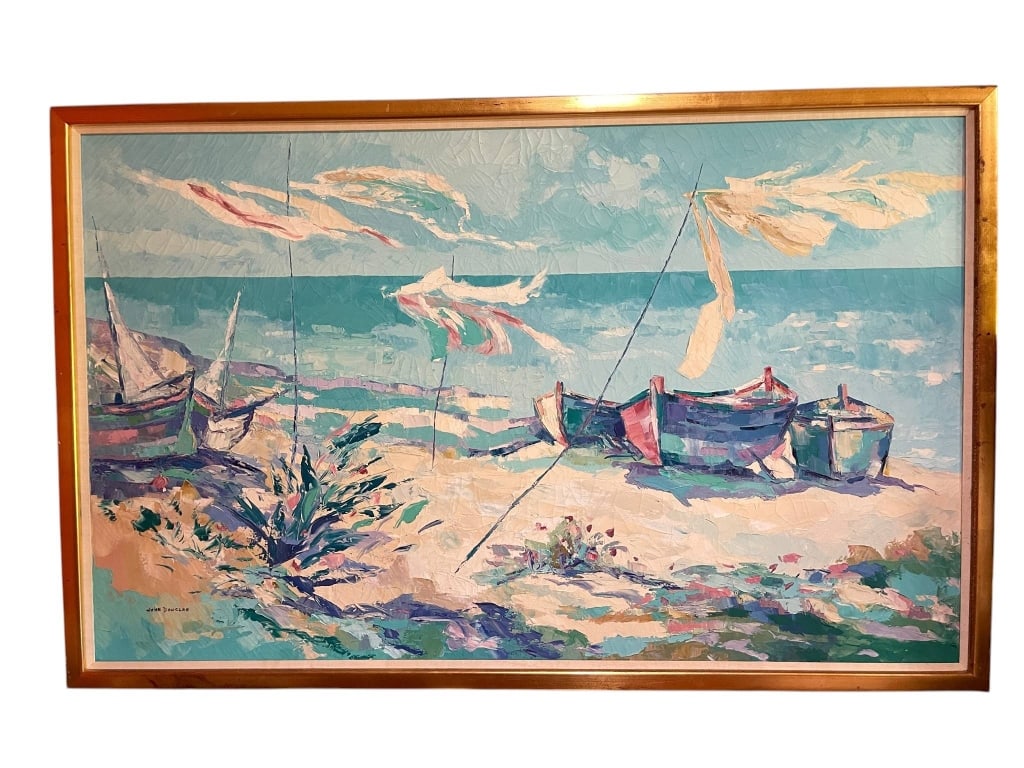 COASTAL BOAT BEACH PAINTING SIGNED JOHN DOUGLAS 83: Large framed coastal painting signed John Douglas, depicting colorful fishing boats pulled onto a bright sandy shoreline with turquoise blue water, loose windblown sails, and expressive palette-knife 