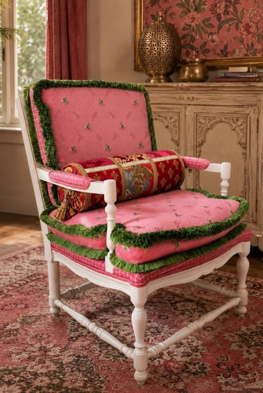 CUSTOM FRENCH UPHOLSTERED WHITE FRAME ARM CHAIR (1 of 10)