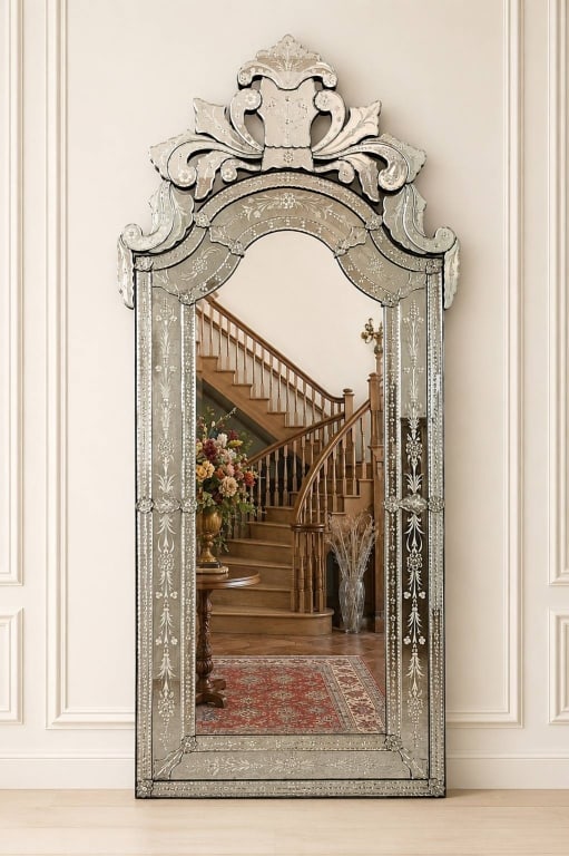 ORNATE ANTIQUE STYLE VENETIAN MIRROR 69": Elegant Venetian-style wall mirror featuring an ornate shaped crest, scrolling foliate accents, etched floral decoration, and layered mirrored glass panels. The mirror has a dramatic architectural for